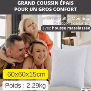 oreiller epais et moelleux-flocon-de-latex-60x60cm-famille-coussin-de-lit-confortable-hotel